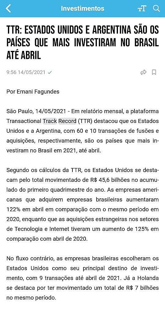 TTR: Estados Unidos e Argentina so os pases que mais investiram no Brasil at abril